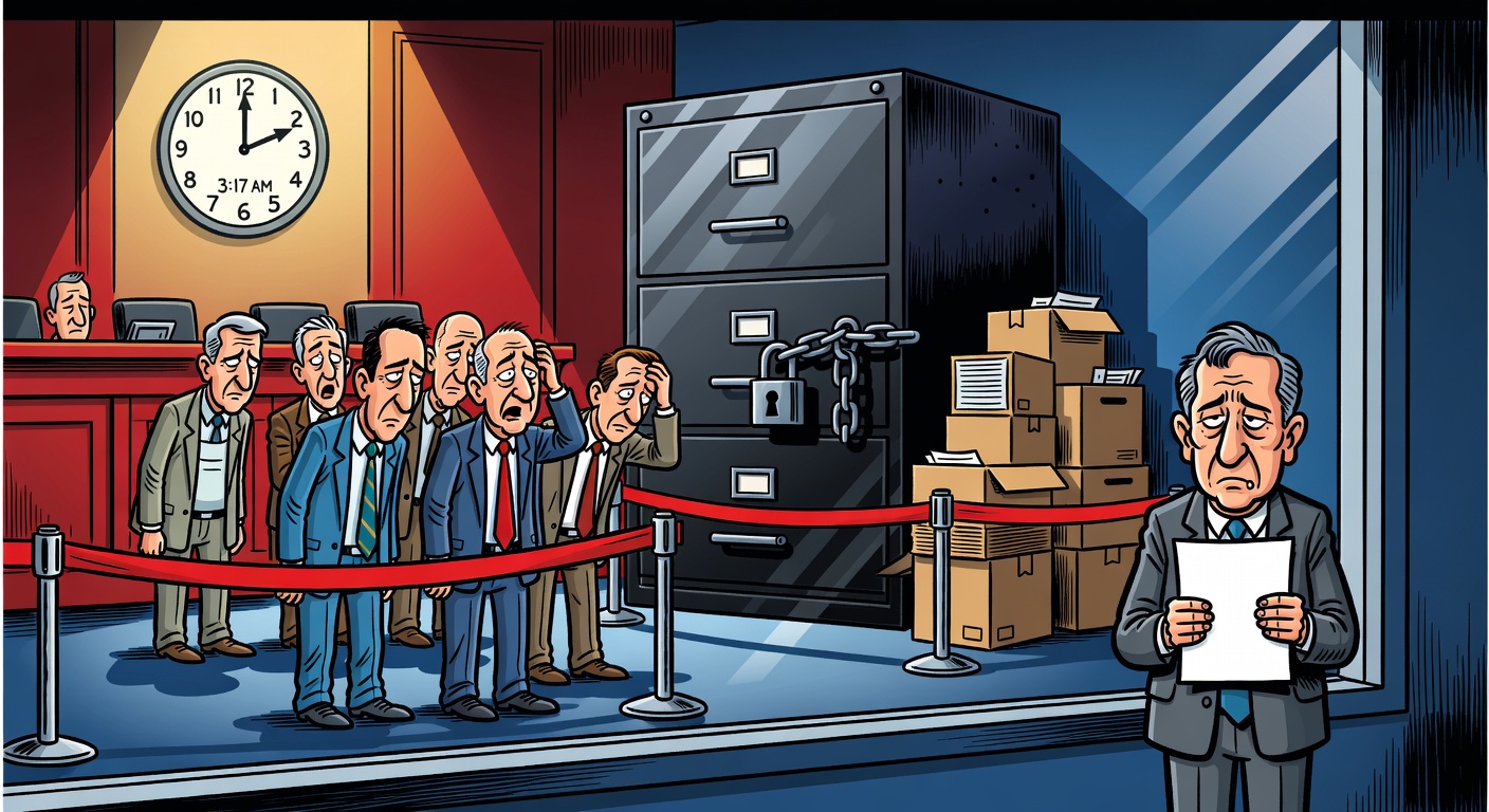 Cartoon showing a late-night legislature secrecy vote and locked public records