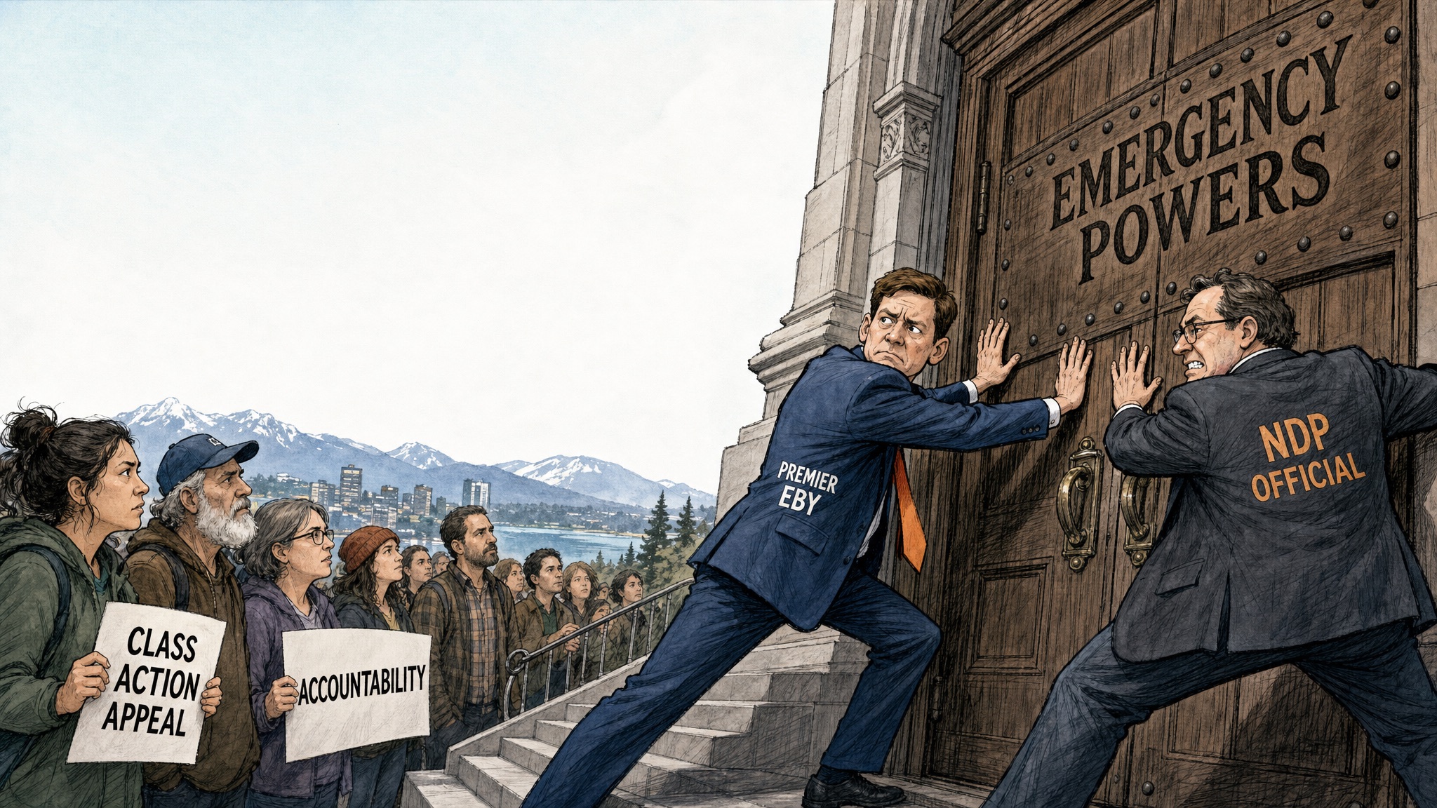 Editorial cartoon showing NDP emergency powers and citizens seeking class action accountability