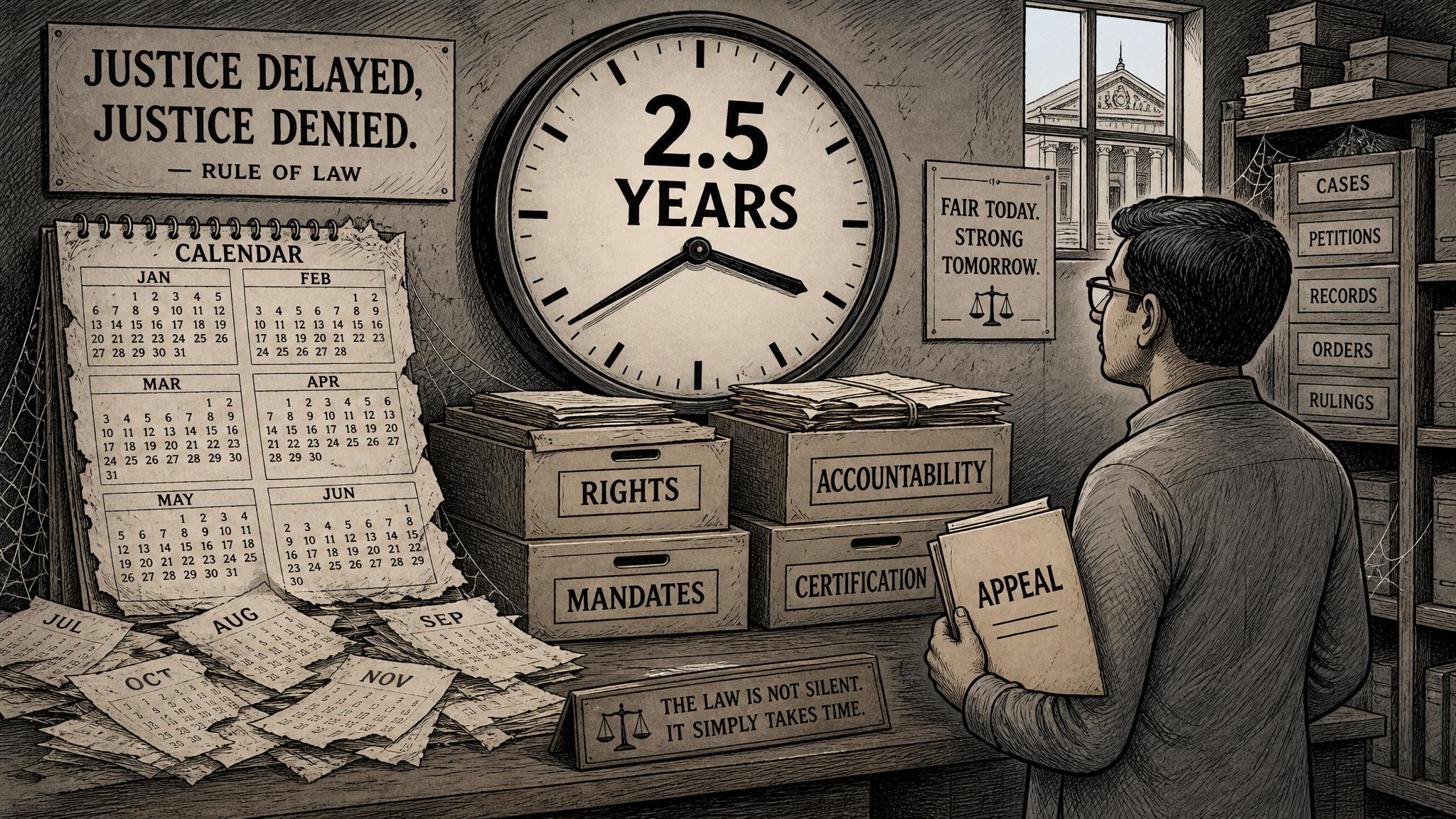 Editorial cartoon showing a 2.5 year legal delay and the appeal file
