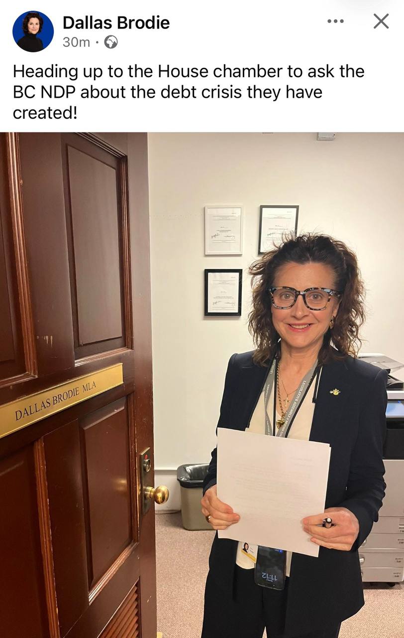 Dallas Brodie MLA heading to the House chamber to ask the BC NDP about the debt crisis