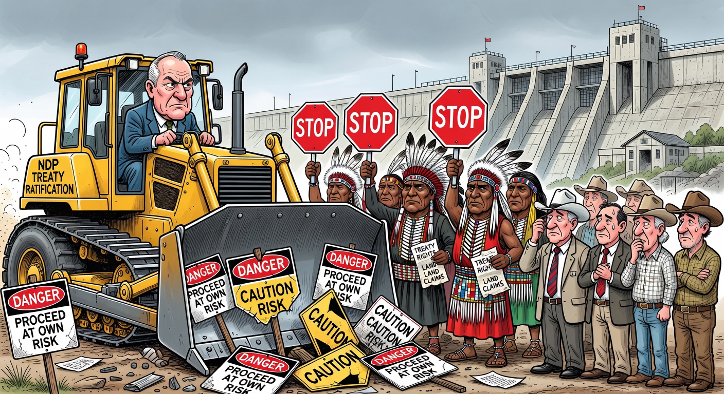 NDP treaty bulldozer ignored by First Nations stop signs while BC Hydro dam looms in background