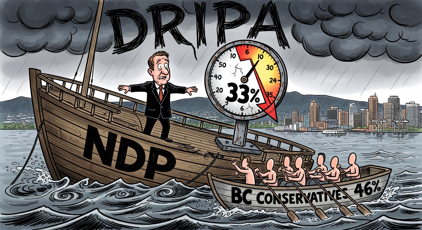 David Eby alone on sinking NDP ship as BC Conservatives sail ahead in lifeboat marked 46%, DRIPA storm clouds overhead
