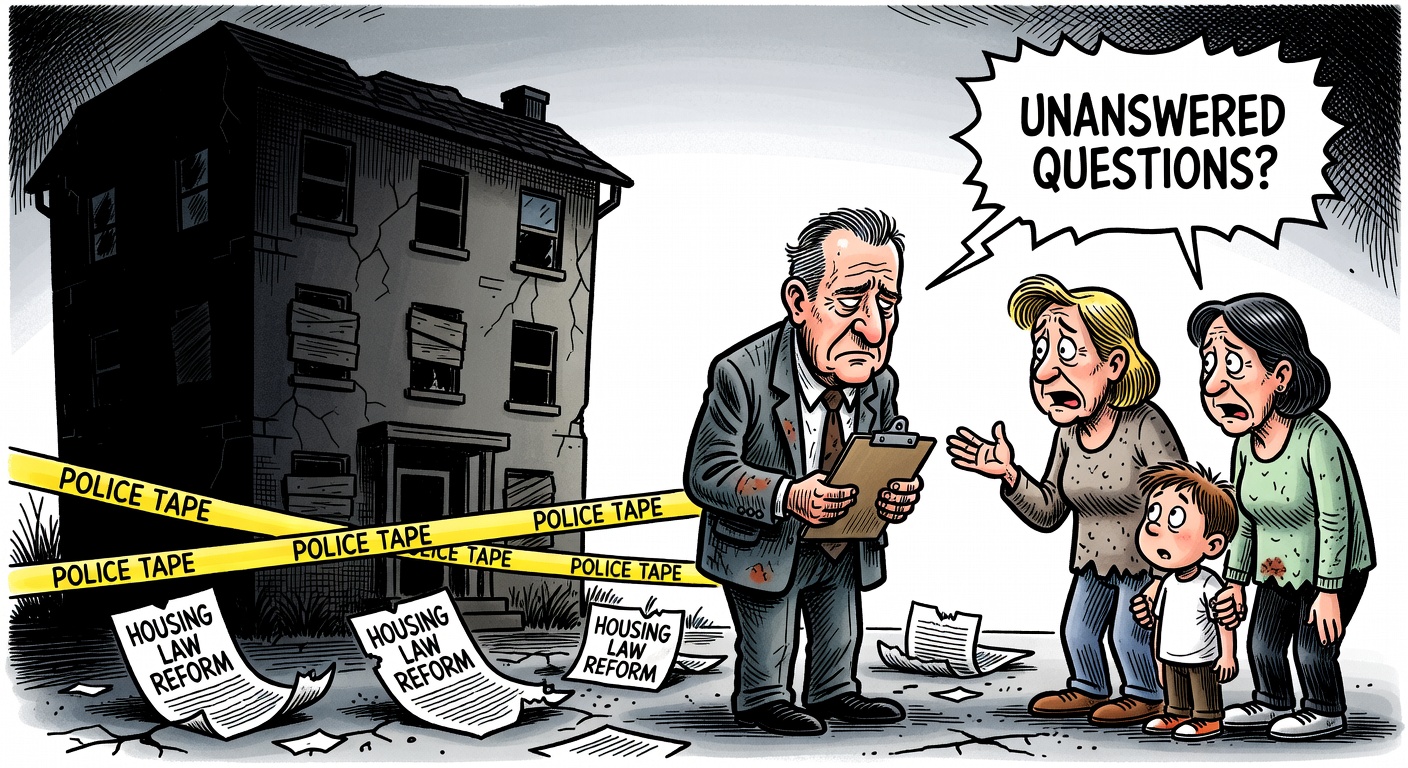 Supportive housing building behind police tape with law reform papers and unanswered questions