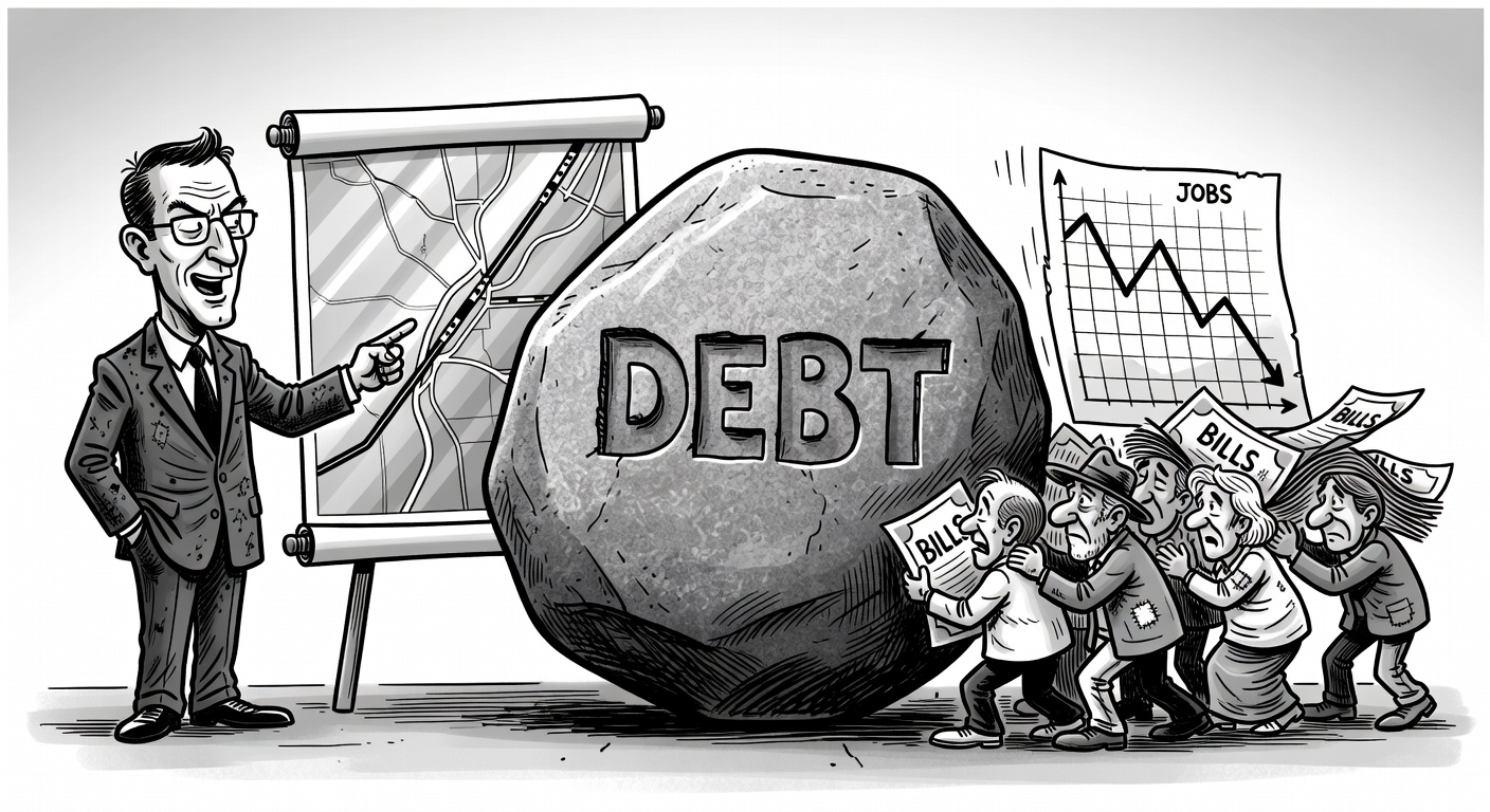 Cartoon of David Eby beside a giant debt boulder while taxpayers hold bills and a jobs chart falls