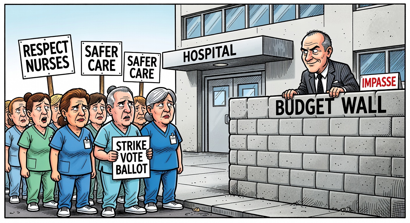 Cartoon of BC nurses holding strike vote ballots outside a hospital while government bargaining stalls