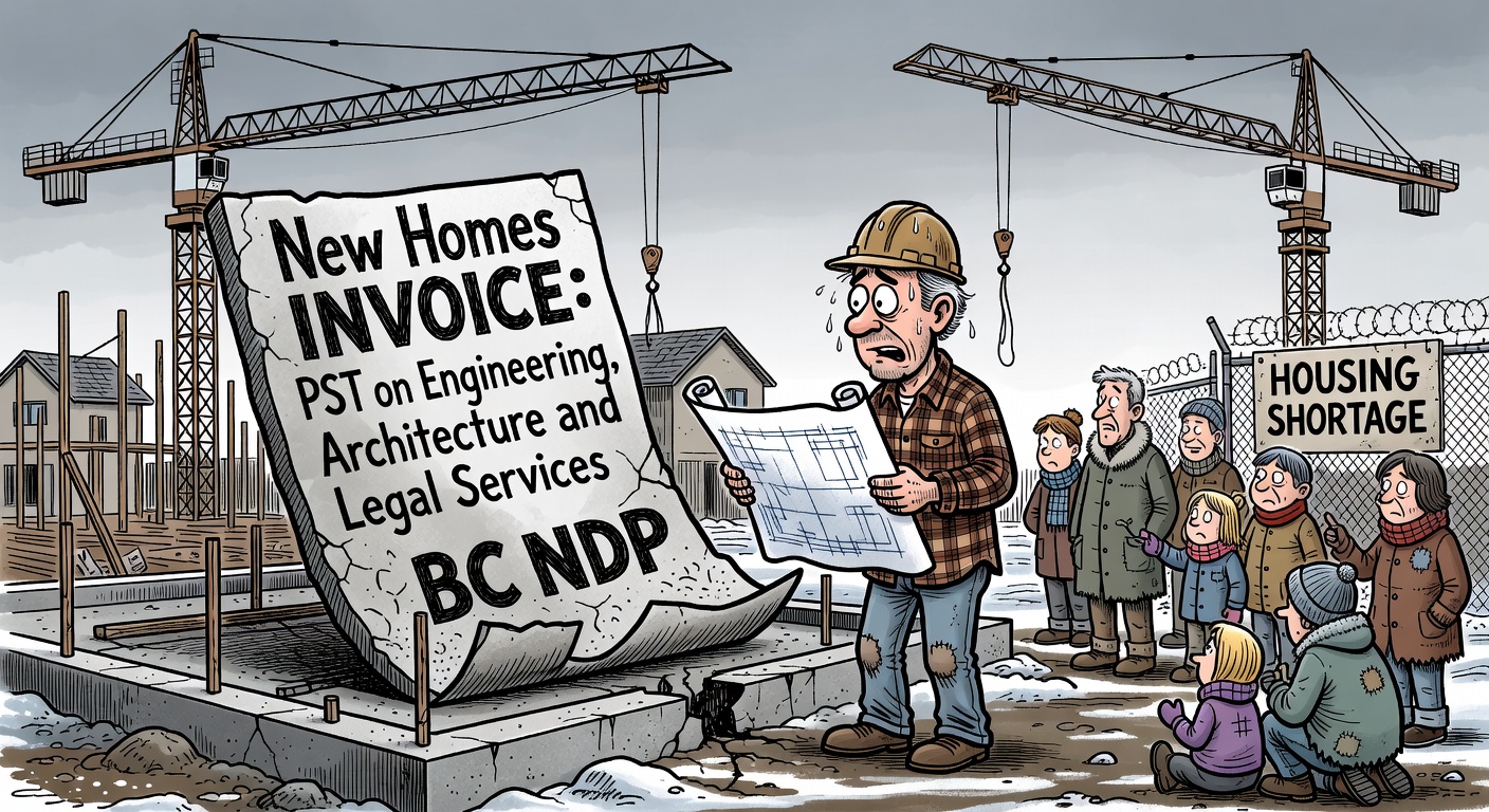 Cartoon of a frozen B.C. housing construction site hit by a new PST invoice