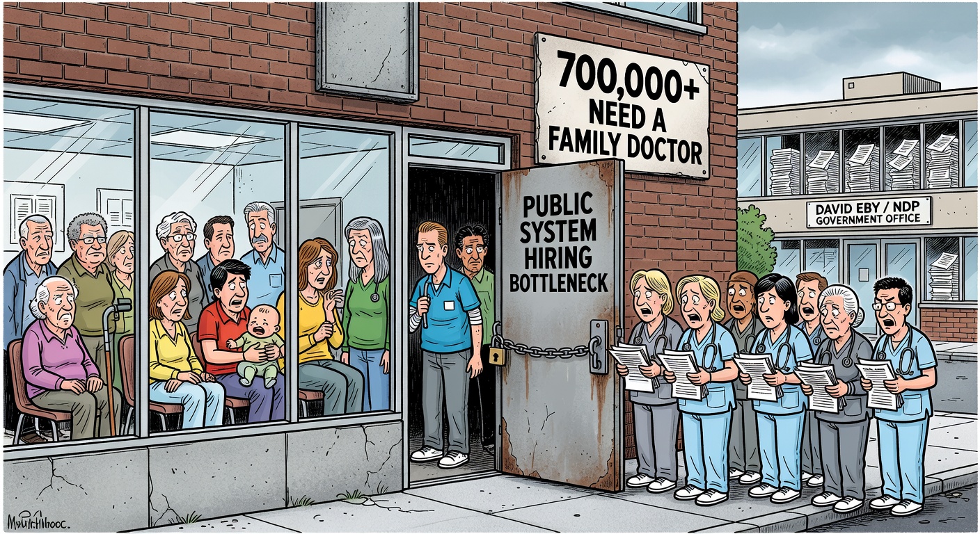 Cartoon of nurse practitioners locked outside a crowded B.C. health care waiting room