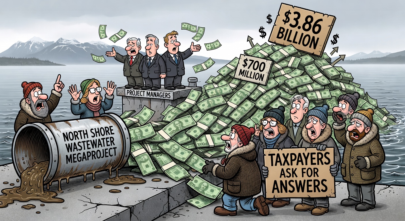 Editorial cartoon about the North Shore wastewater plant cost overrun and taxpayers demanding answers
