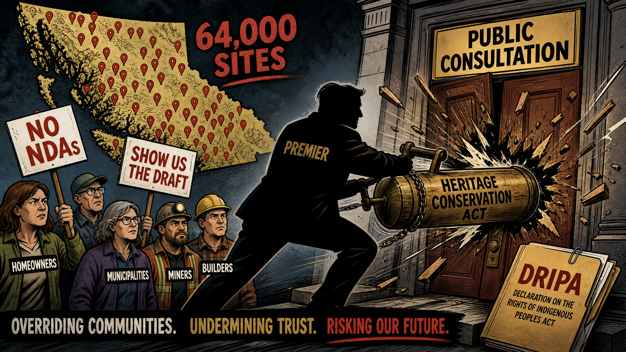 Editorial cartoon about the NDP's third Heritage Conservation Act attempt and NDA backlash