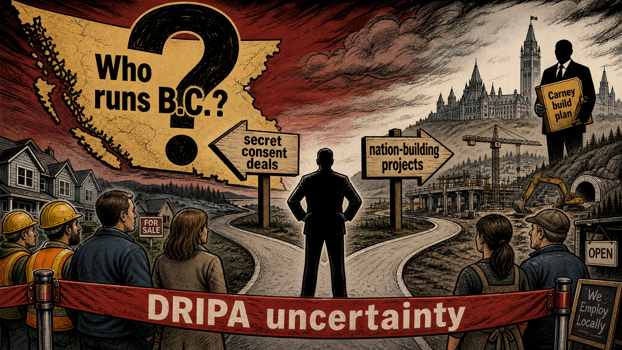 Editorial cartoon asking who runs B.C. under DRIPA uncertainty and nation-building delays