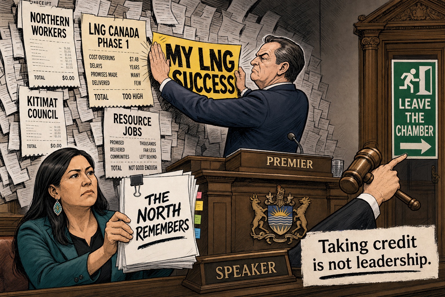 Editorial cartoon about the NDP trying to claim credit for LNG Canada while Northern B.C. workers hold the receipts