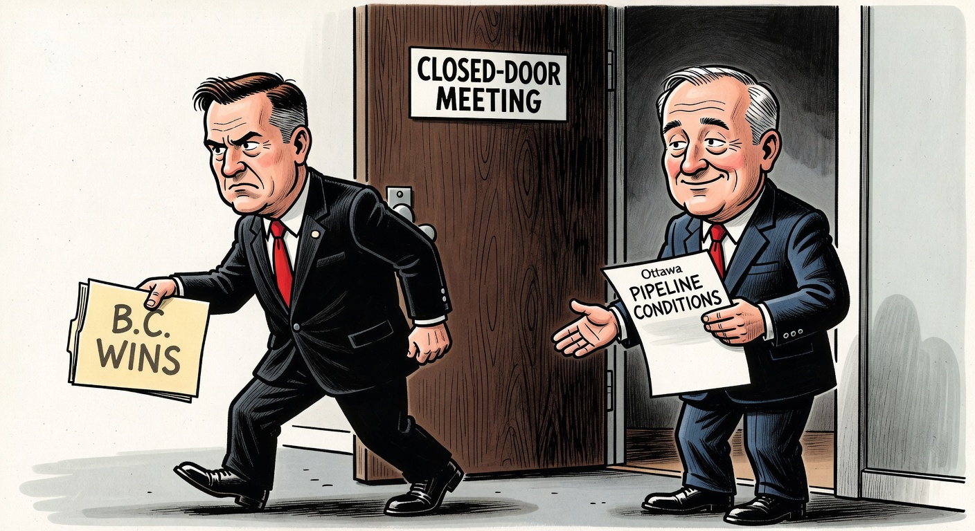 Editorial cartoon about David Eby leaving a closed-door meeting while Ottawa sets pipeline conditions
