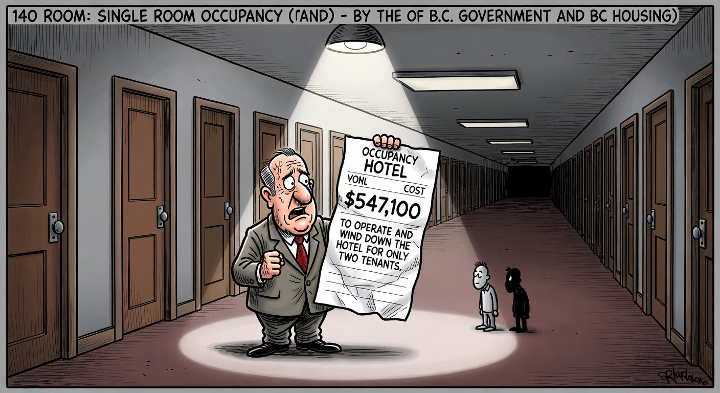 Editorial cartoon about BC Housing funding a mostly empty Vancouver SRO while taxpayers demand receipts