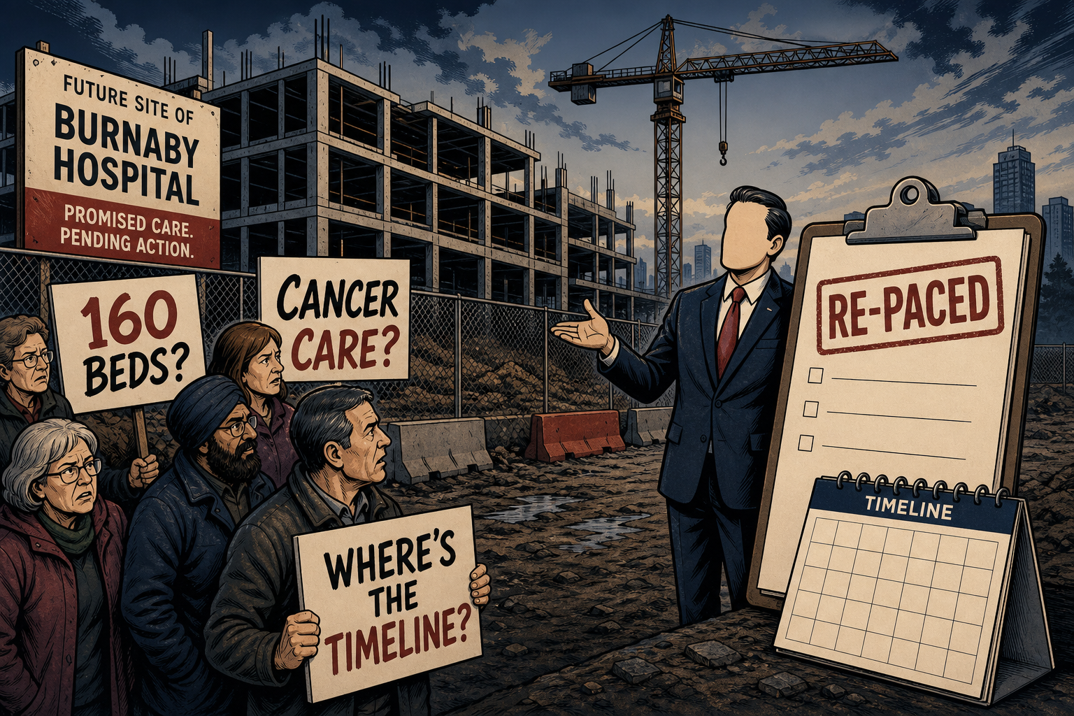 Editorial cartoon of residents demanding Burnaby Hospital beds and a timeline