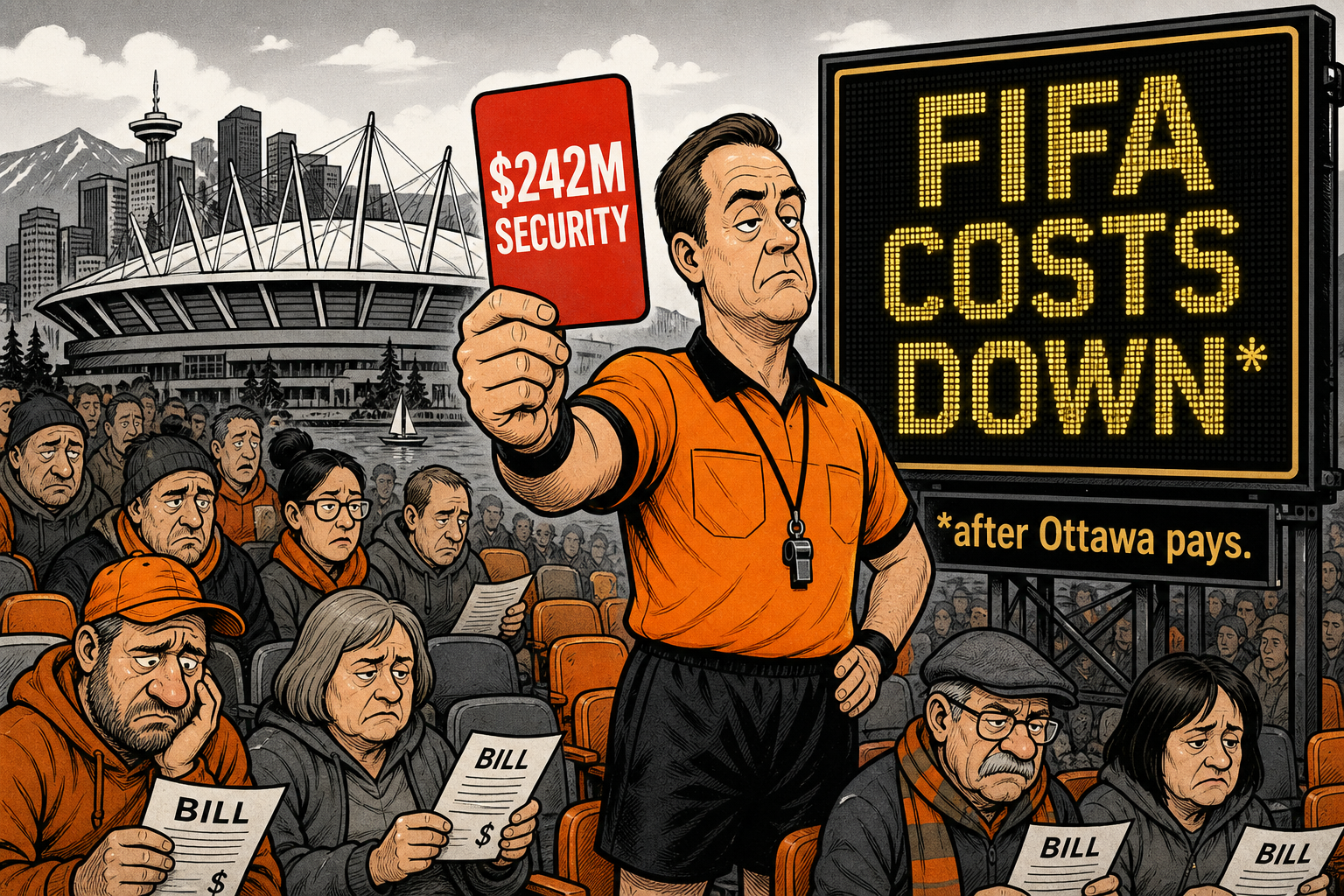 Editorial cartoon of a B.C. referee holding a red card labelled $242M security beside a FIFA costs scoreboard