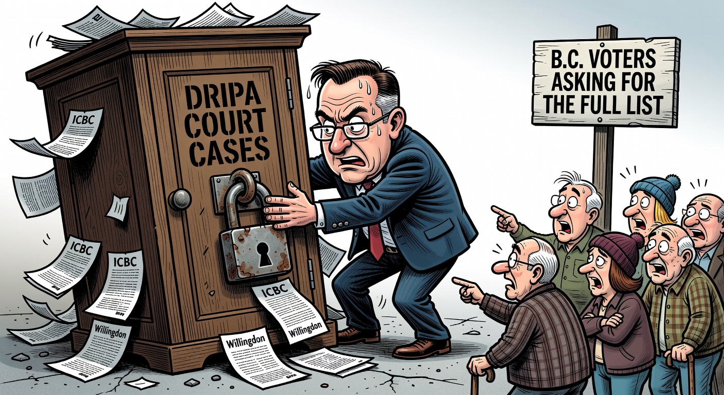 Editorial cartoon about Premier David Eby hiding DRIPA court cases while ICBC and Willingdon papers slip out