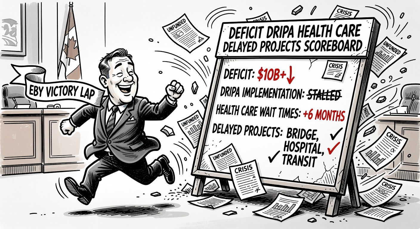 Editorial cartoon about Premier David Eby taking a spring session victory lap while deficit, DRIPA, health care and infrastructure problems collide with the scoreboard