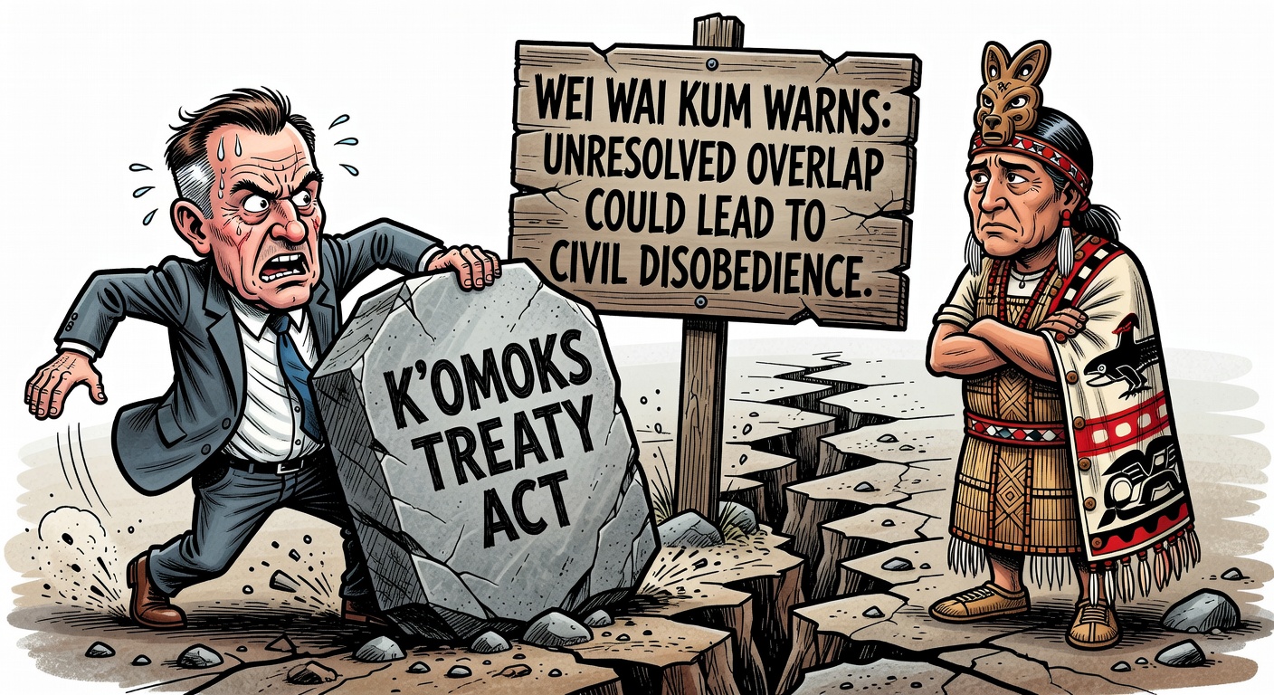 Editorial cartoon about Premier David Eby pushing the K’ómoks Treaty Act while unresolved overlap warnings pile up