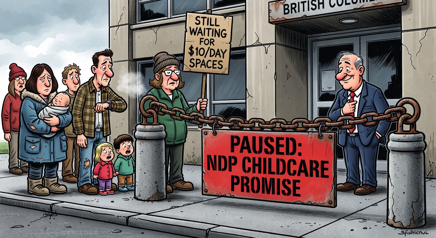 Editorial cartoon about B.C. parents waiting for $10-a-day child-care spaces while the NDP asks for more feedback