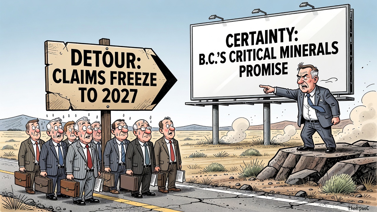 Editorial cartoon about B.C. critical mineral promises colliding with a mineral claims freeze extended to 2027