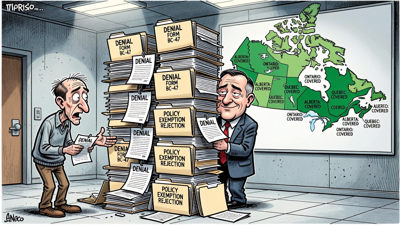 Editorial cartoon about a B.C. patient blocked by paperwork while other provinces cover Luspatercept