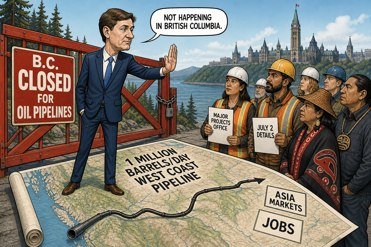 Editorial cartoon about David Eby opposing a West Coast pipeline proposal while Alberta advances a Major Projects Office timeline