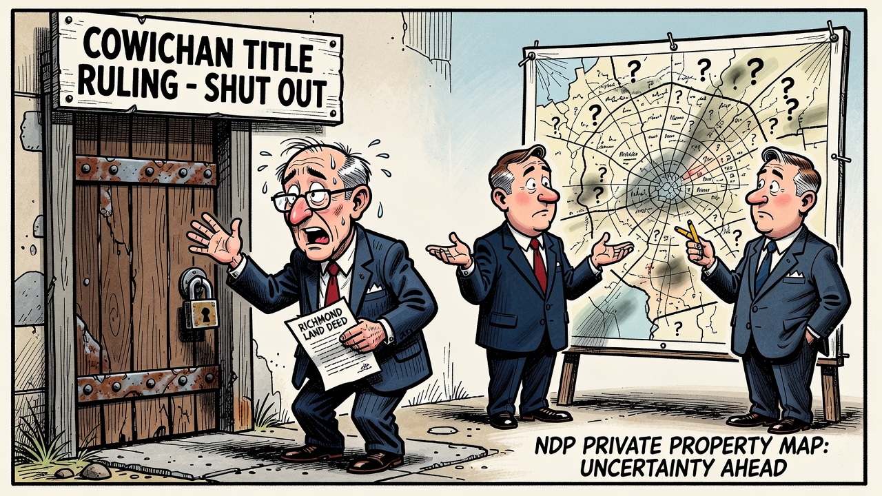 Editorial cartoon about private-property uncertainty after Montrose lost its bid to reopen the Cowichan title case