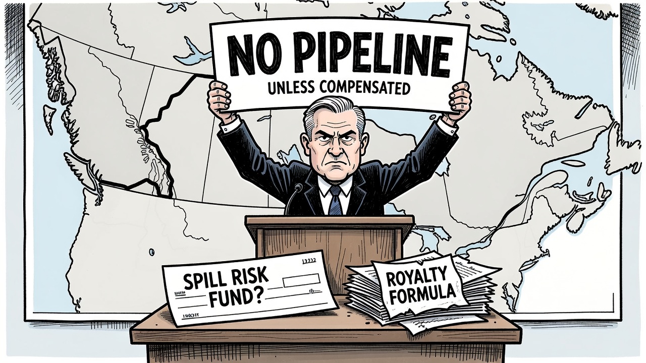 Editorial cartoon about David Eby saying no pipeline unless compensated while a route map points to Delta
