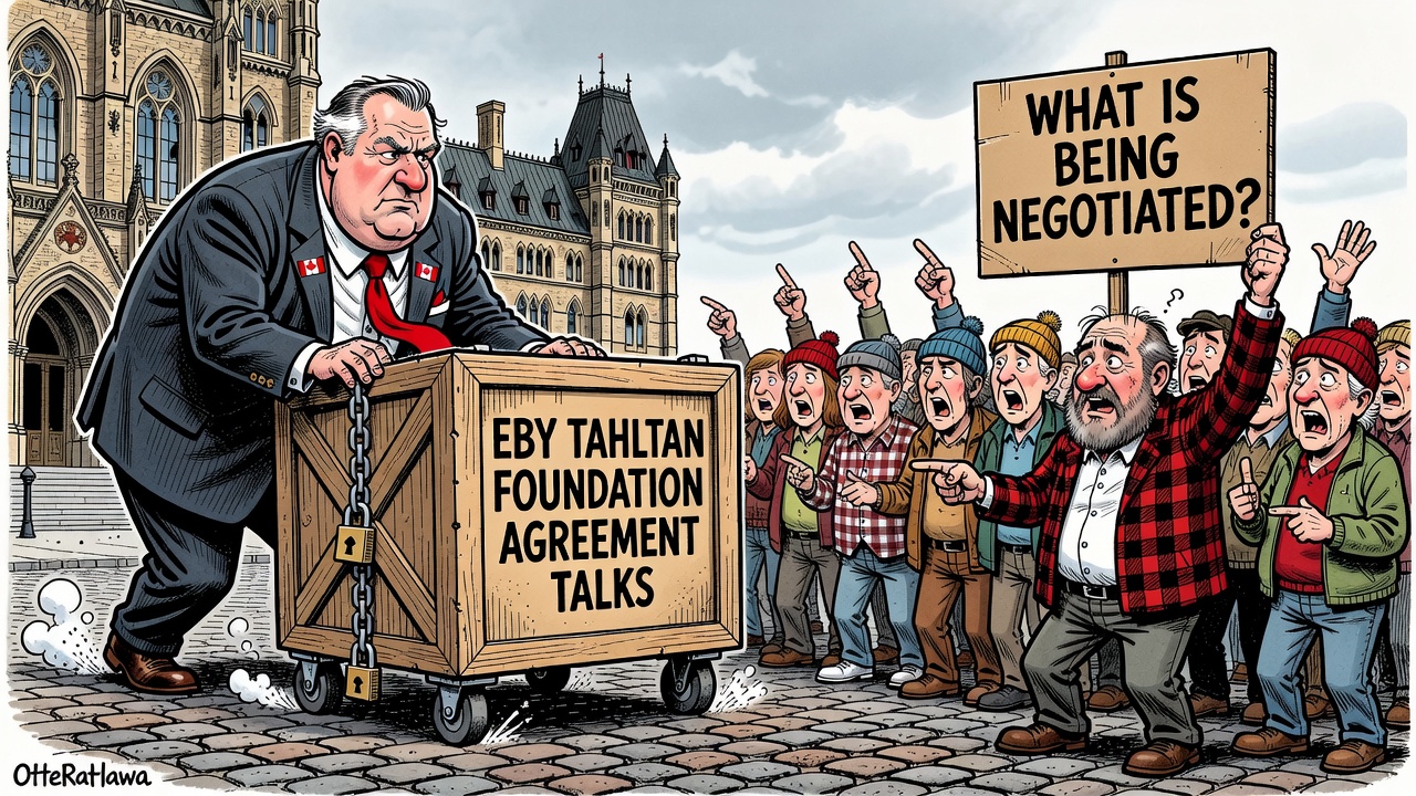 Political cartoon about Ottawa backing David Eby's Tahltan Foundation Agreement talks while the public asks what is being negotiated