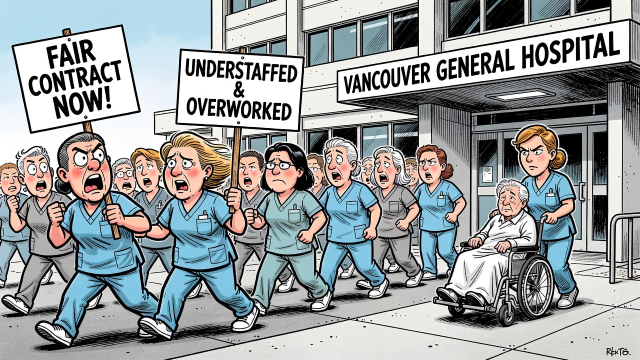 Political cartoon about B.C. nurses escalating job action with a picket line at Vancouver General Hospital while essential care continues