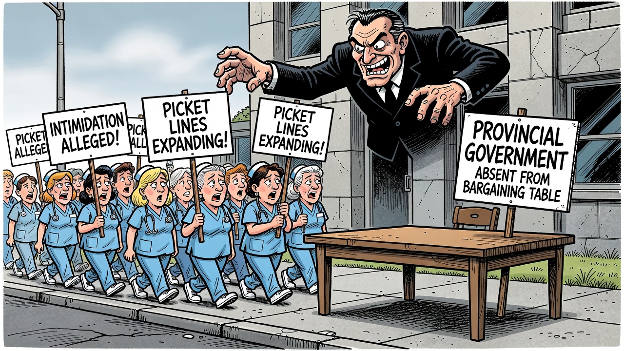 Editorial cartoon about BC nurses alleging employer intimidation as job action expands