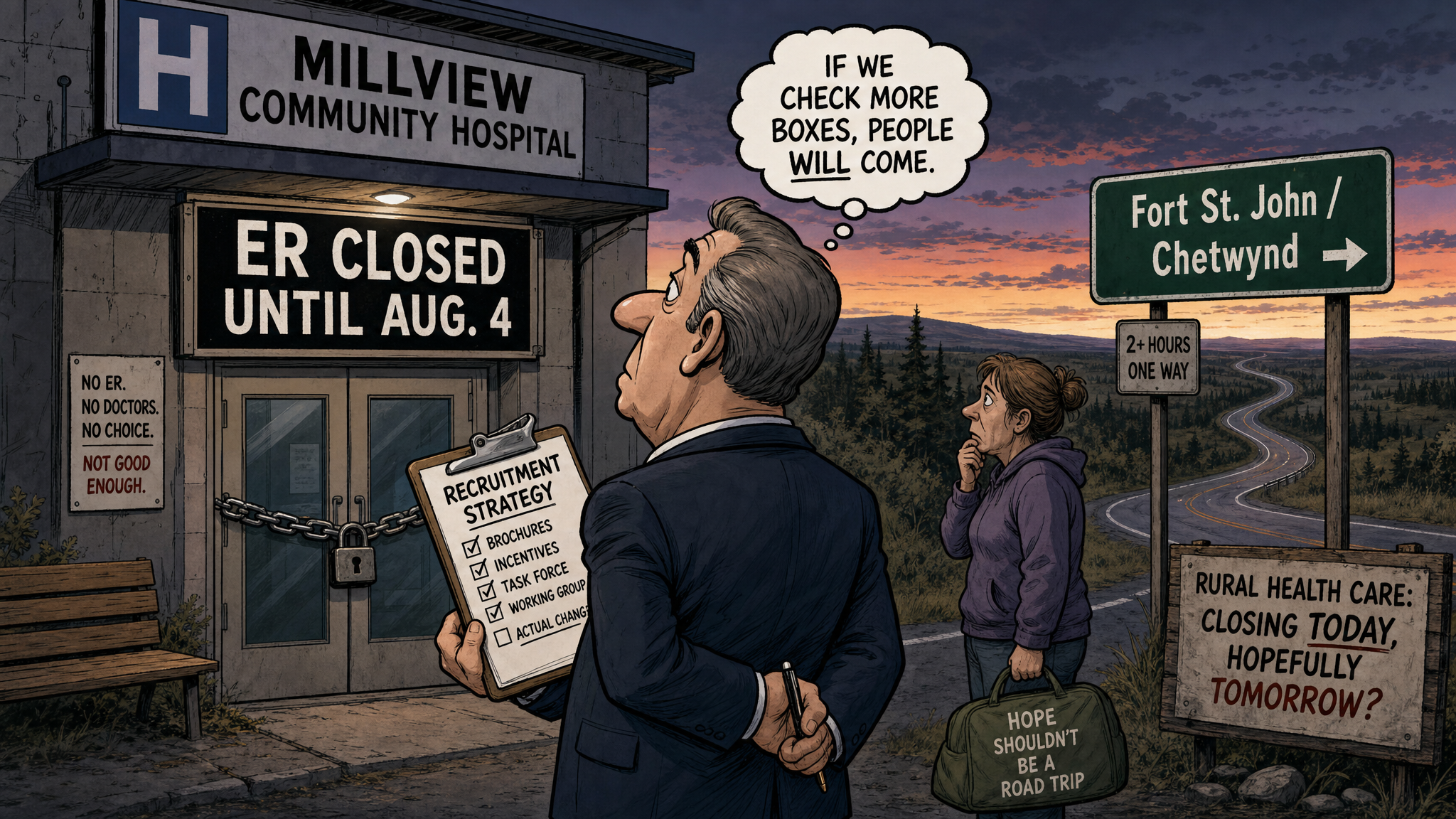 Editorial cartoon showing a rural emergency room closed until Aug. 4 while patients are directed down a long road