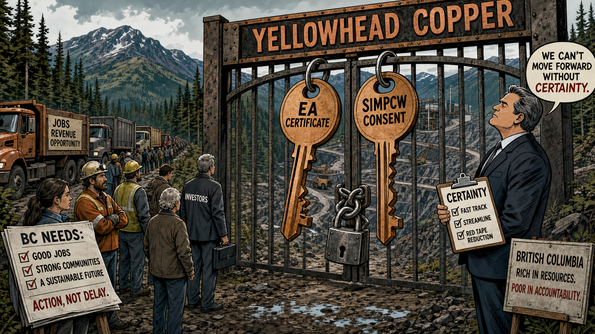Editorial cartoon showing the Yellowhead Copper mine gate locked by two keys labelled EA certificate and Simpcw consent