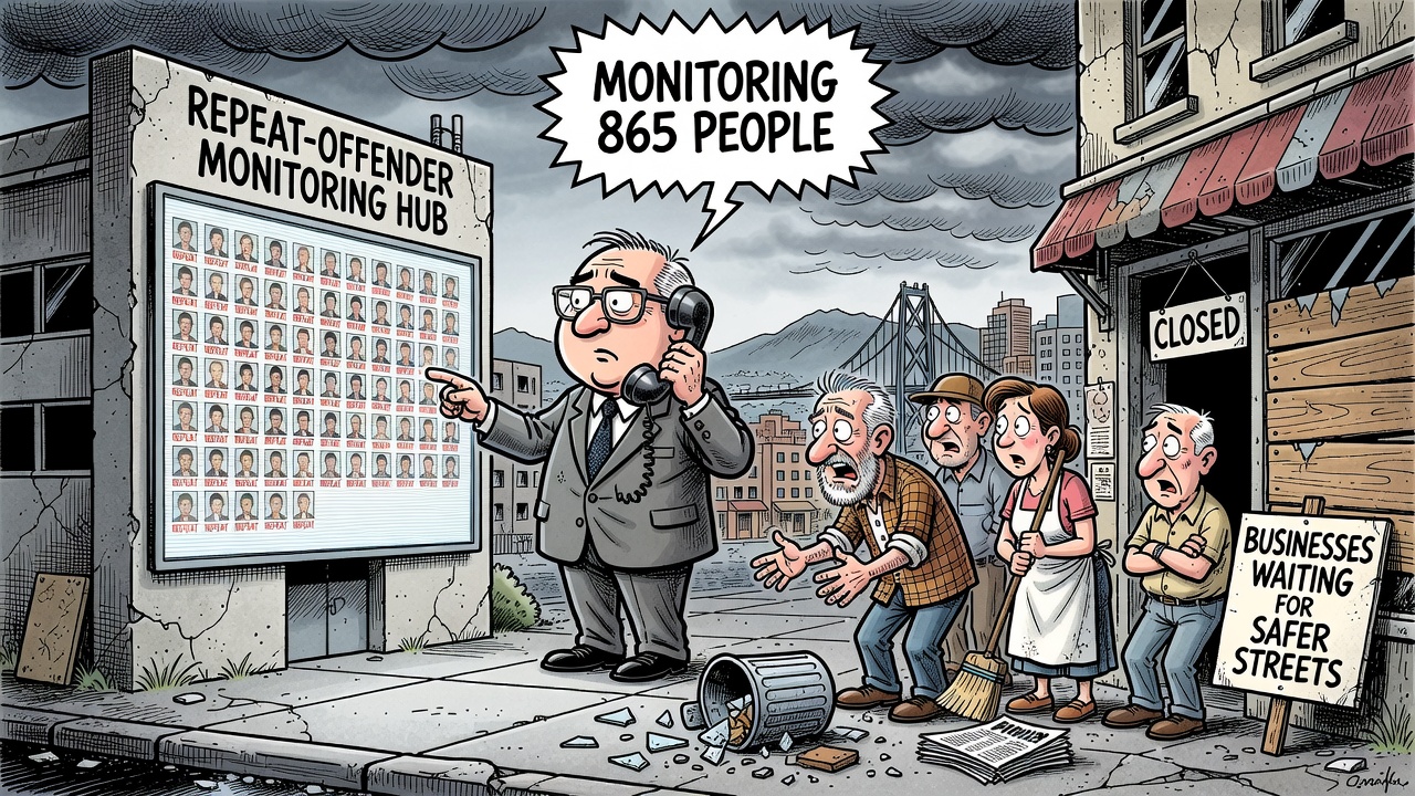 Political cartoon about B.C. repeat-offender hubs and businesses waiting for safer streets
