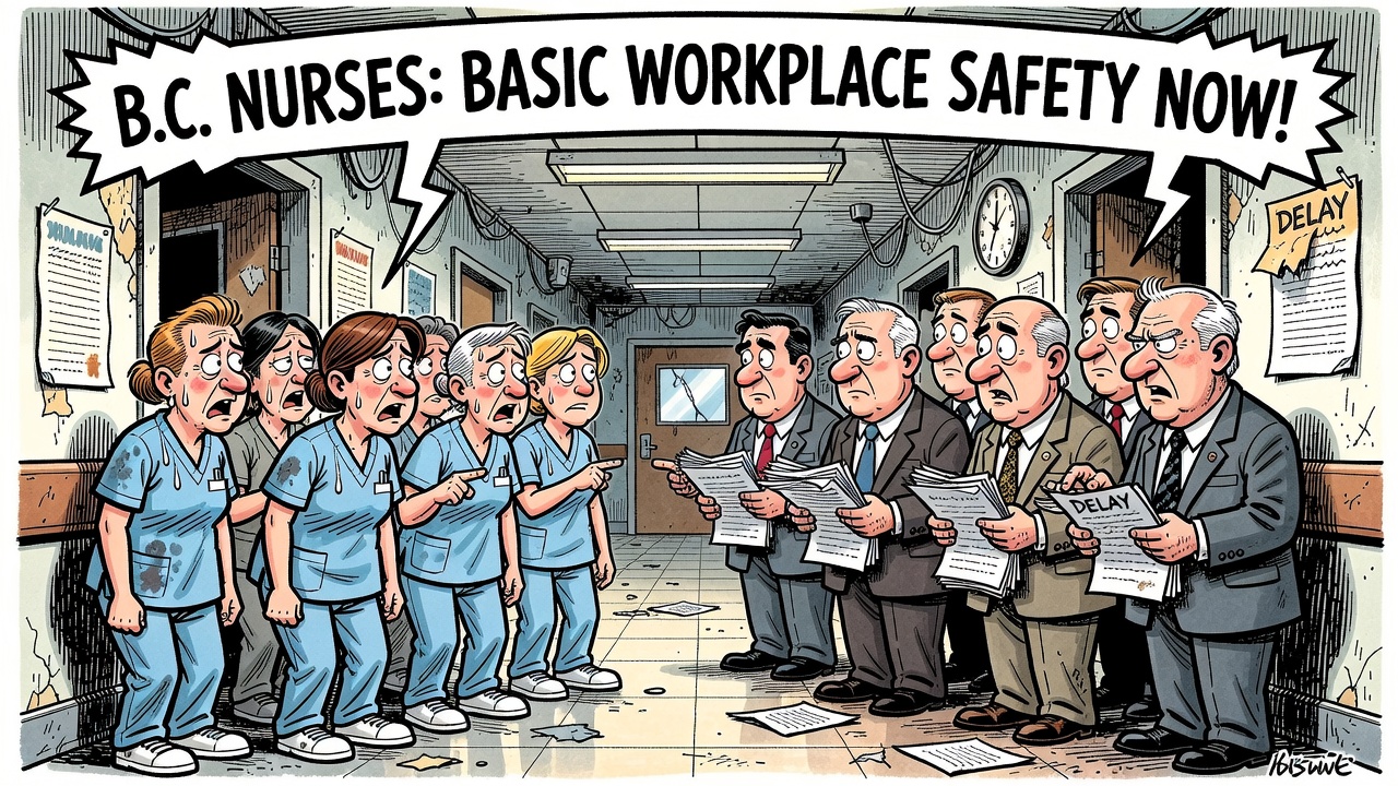 Political cartoon about B.C. nurses asking for workplace safety while government delays