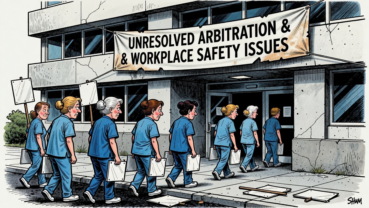 Political cartoon about B.C. nurses ending job action while arbitration and workplace safety issues remain