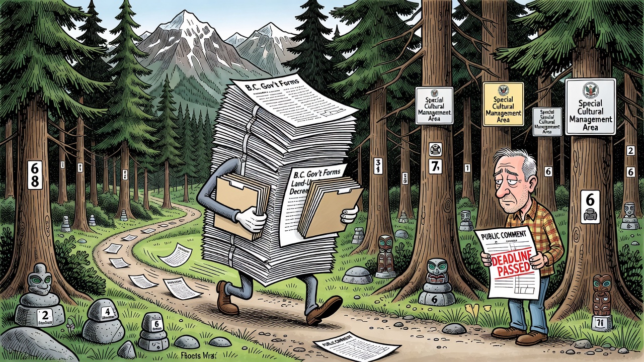 Political cartoon about Sea to Sky Crown-land management rules moving through government paperwork