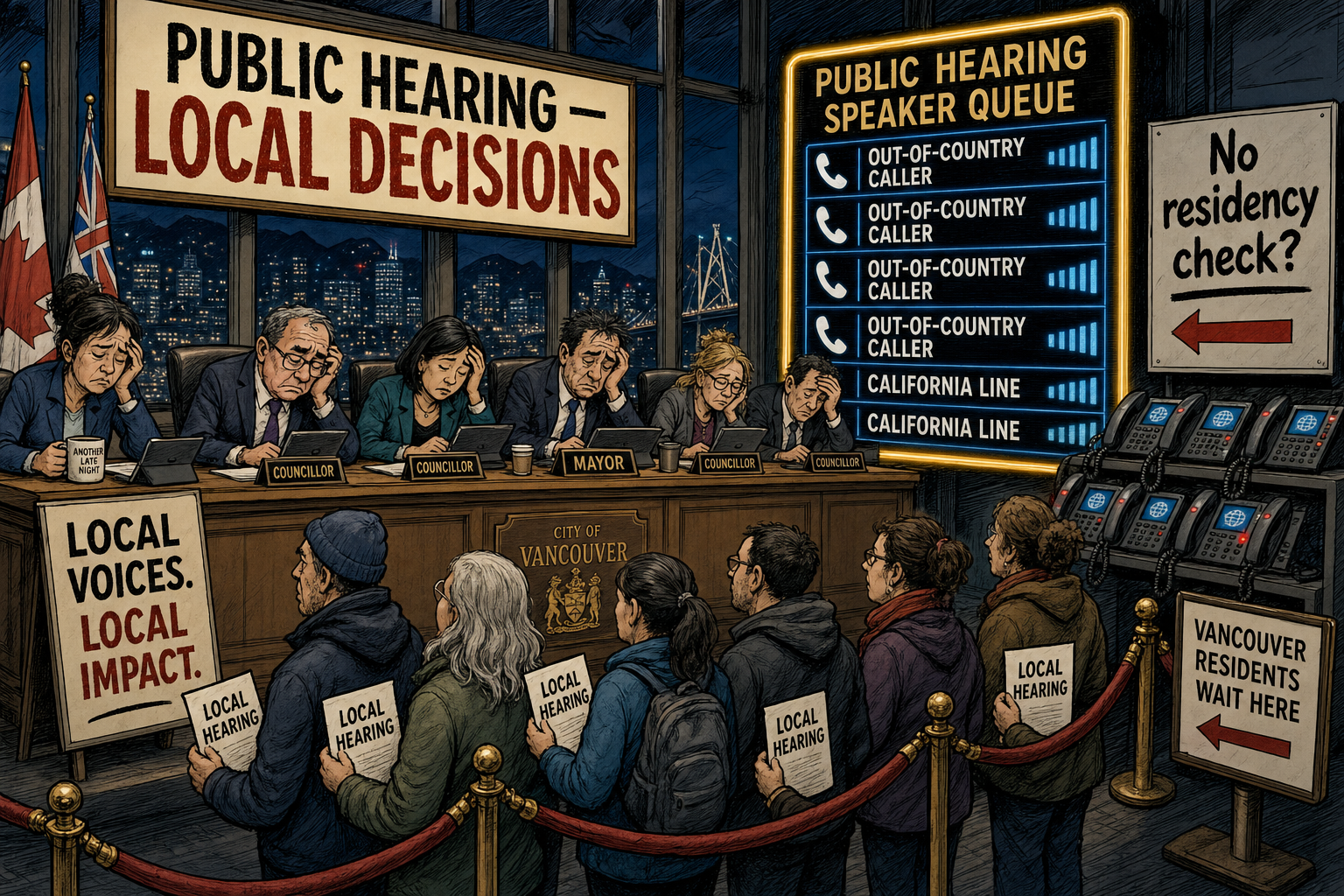 Editorial cartoon showing a Vancouver council public-hearing speaker queue clogged by out-of-country phone callers while local residents wait