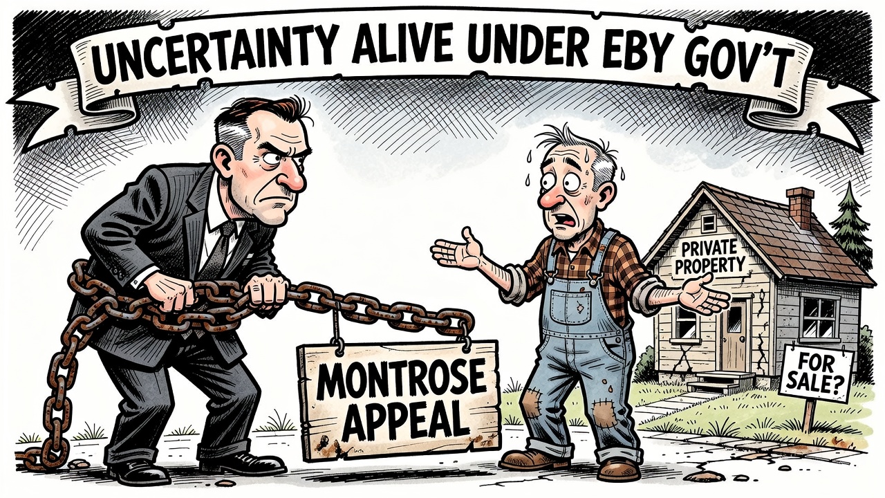 Political cartoon about the Cowichan/Montrose appeal and private-property certainty in B.C.