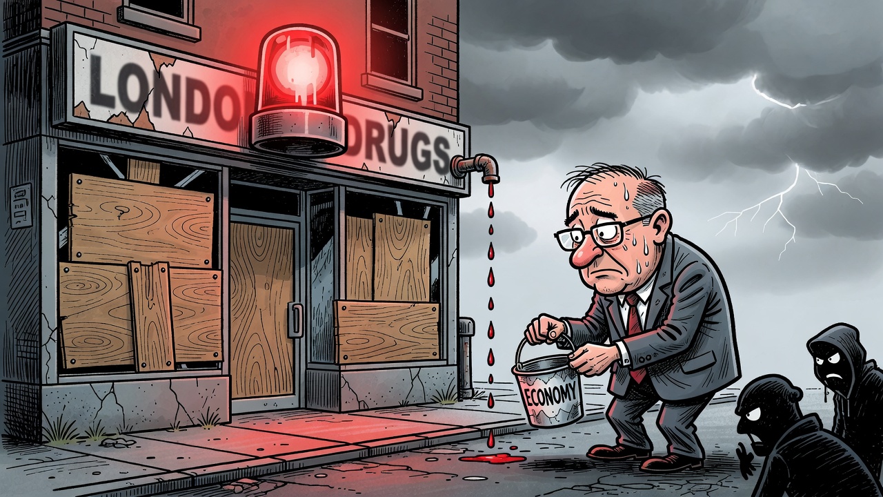 Political cartoon about London Drugs job cuts, storefront closures and B.C. public-safety warning lights.
