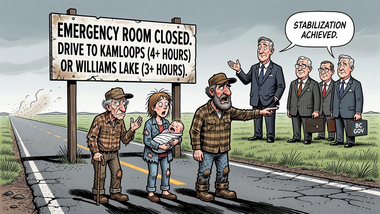 Political cartoon about rural B.C. emergency room closures and patients being directed down the highway.