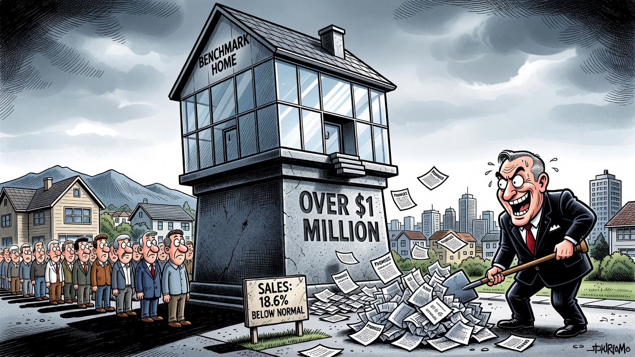 Political cartoon about Greater Vancouver home sales falling below normal while benchmark prices remain above one million dollars.