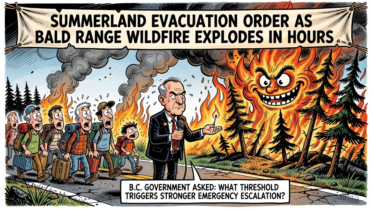 Political cartoon about Summerland evacuating as the Bald Range wildfire grows rapidly and B.C. leaders face questions about emergency escalation.