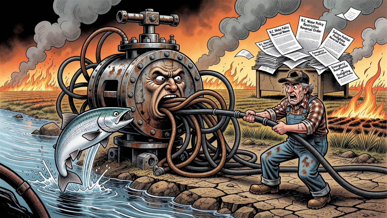 Political cartoon about B.C. reversing Salmon River water restrictions as drought, Chinook salmon protection, farmers and wildfire risk collide.