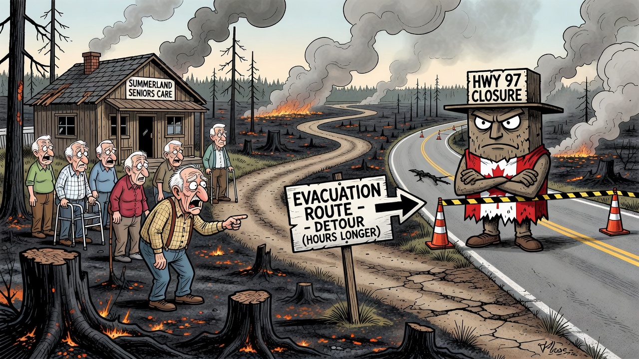 Political cartoon about Summerland seniors-care residents taking a long wildfire evacuation detour after Highway 97 closed.