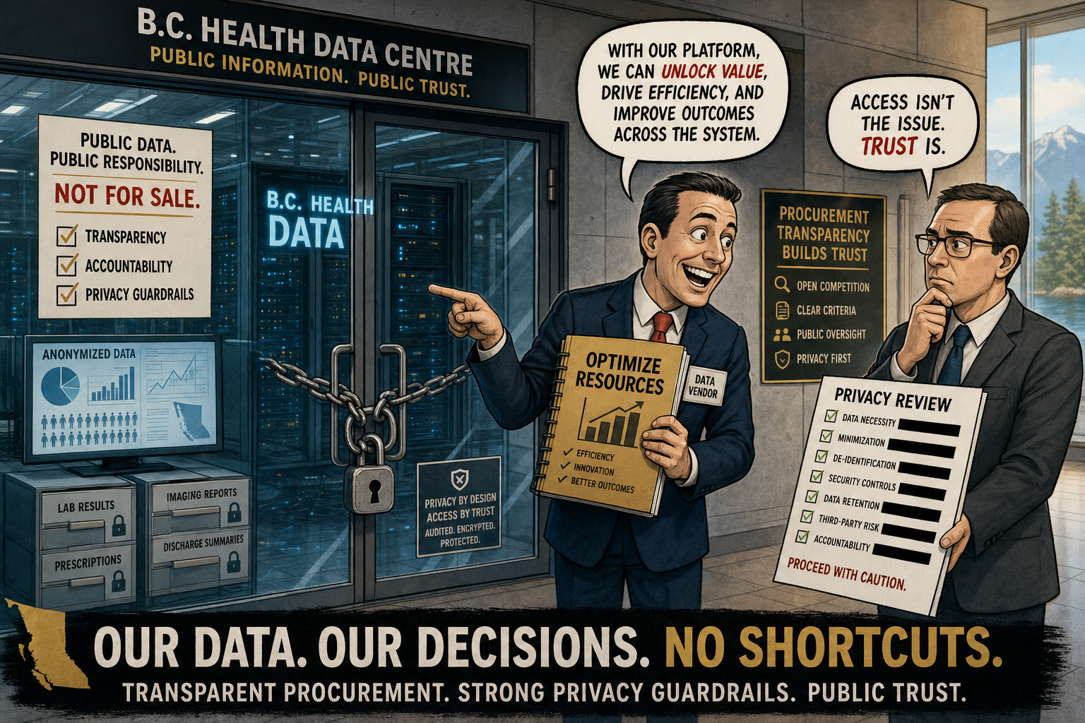 Editorial cartoon showing a data vendor outside a locked B.C. health-data room while a public official holds a privacy review checklist.