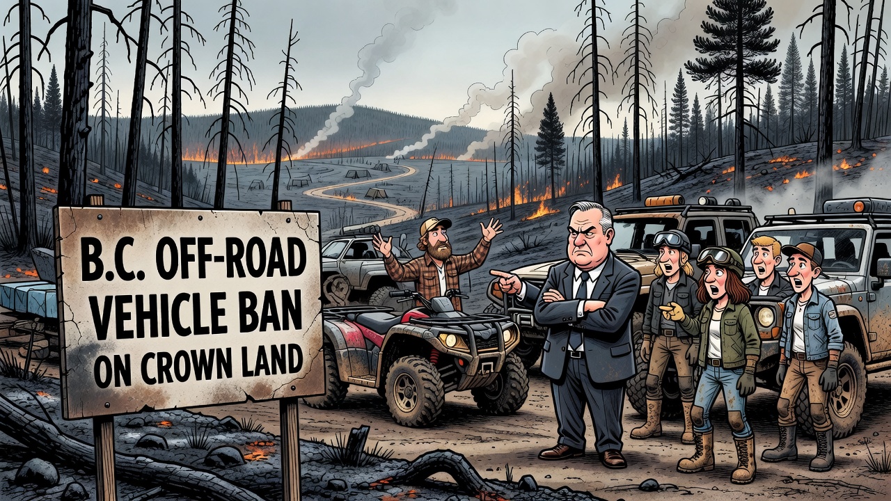 Political cartoon about B.C. banning recreational off-road vehicles on Crown land during wildfire conditions and asking for clear trigger criteria.