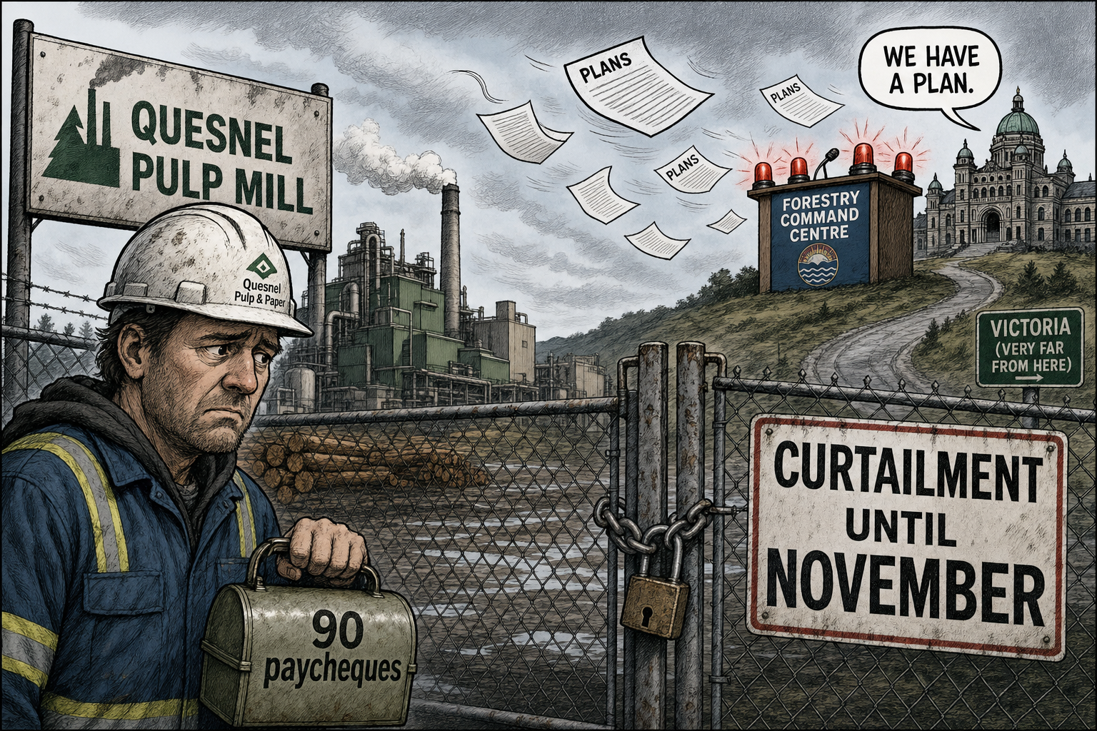 Editorial cartoon of a locked Quesnel pulp mill gate with a worker holding a lunch pail marked 90 paycheques while a distant forestry command centre flashes warning lights.