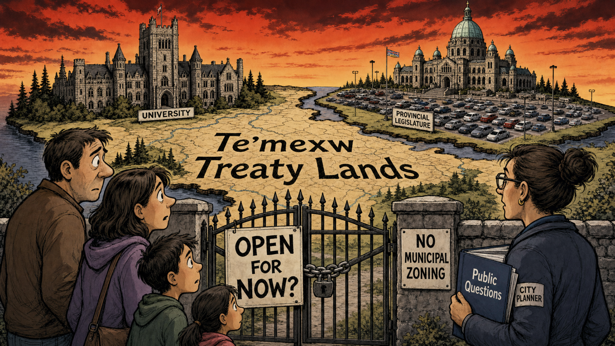 Editorial cartoon showing public sites on a Te’mexw treaty lands map, a public access gate marked open for now, and a no municipal zoning sign.