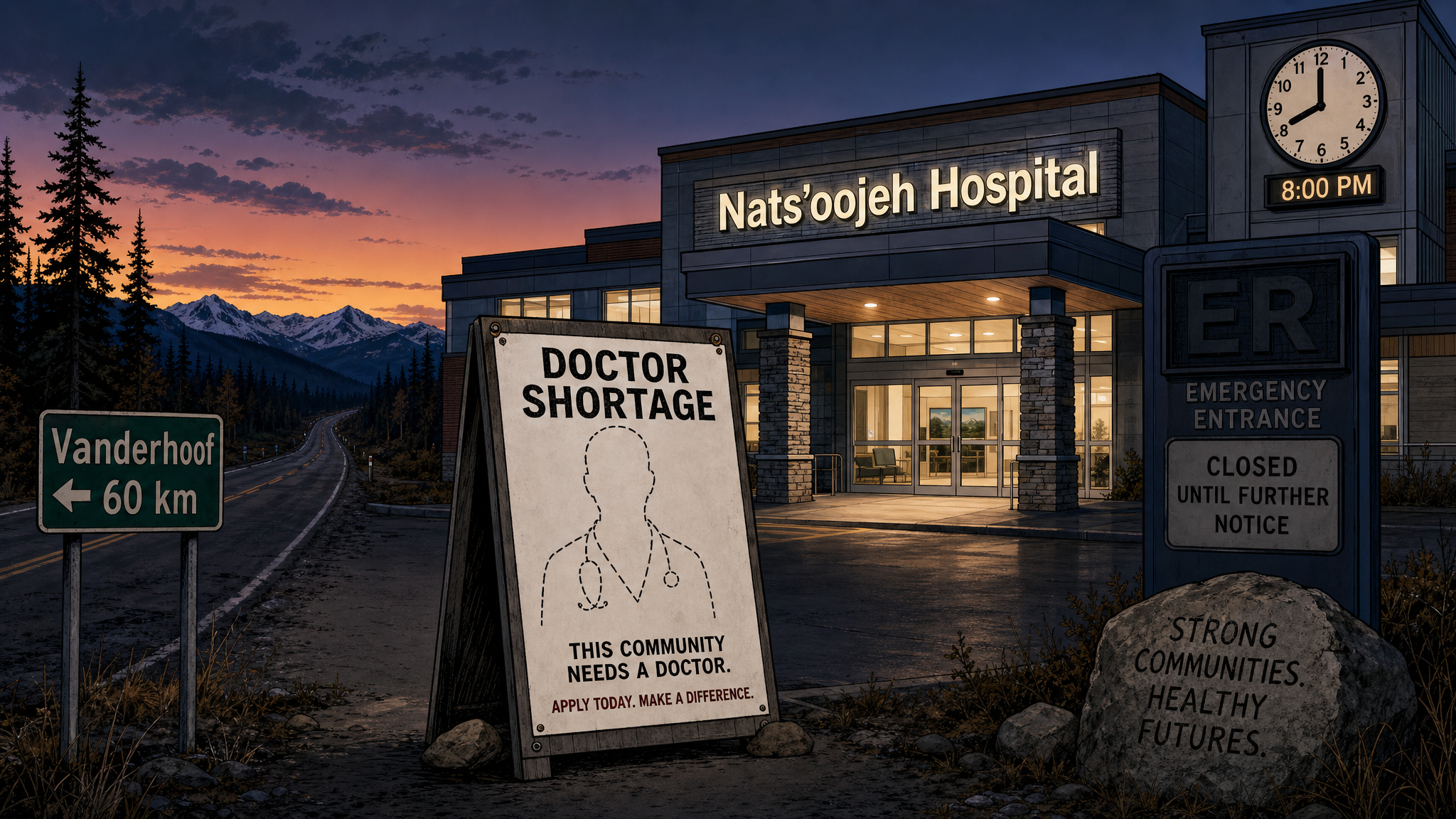 Editorial cartoon showing Nats’oojeh Hospital with its emergency room sign off, a doctor shortage vacancy poster, and a road sign pointing 60 kilometres to Vanderhoof.
